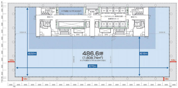 ワンフロア約490坪の無柱・整形空間